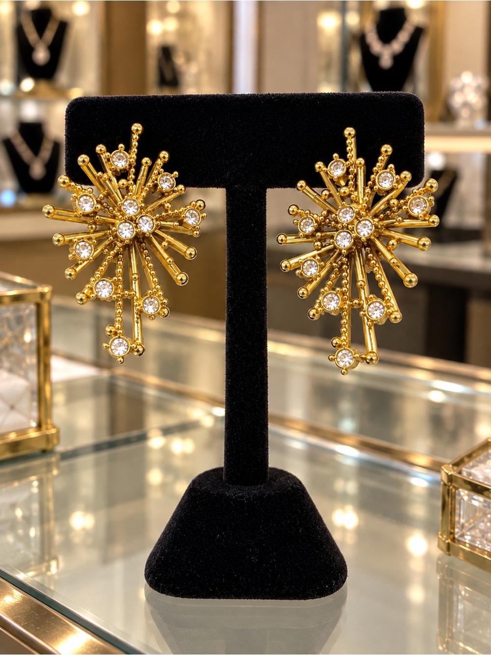 Avon Gold Tone Starburst Statement Earrings with Clear Rhinestones Vintage Glam